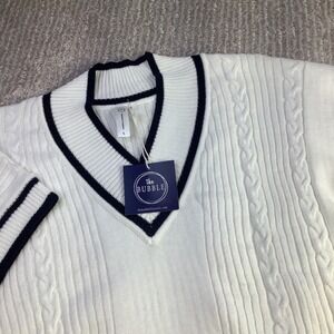 The Bubble Women's White‎ Knit Top Cable Knit V Neck Short Sleeve Sweater NWT
